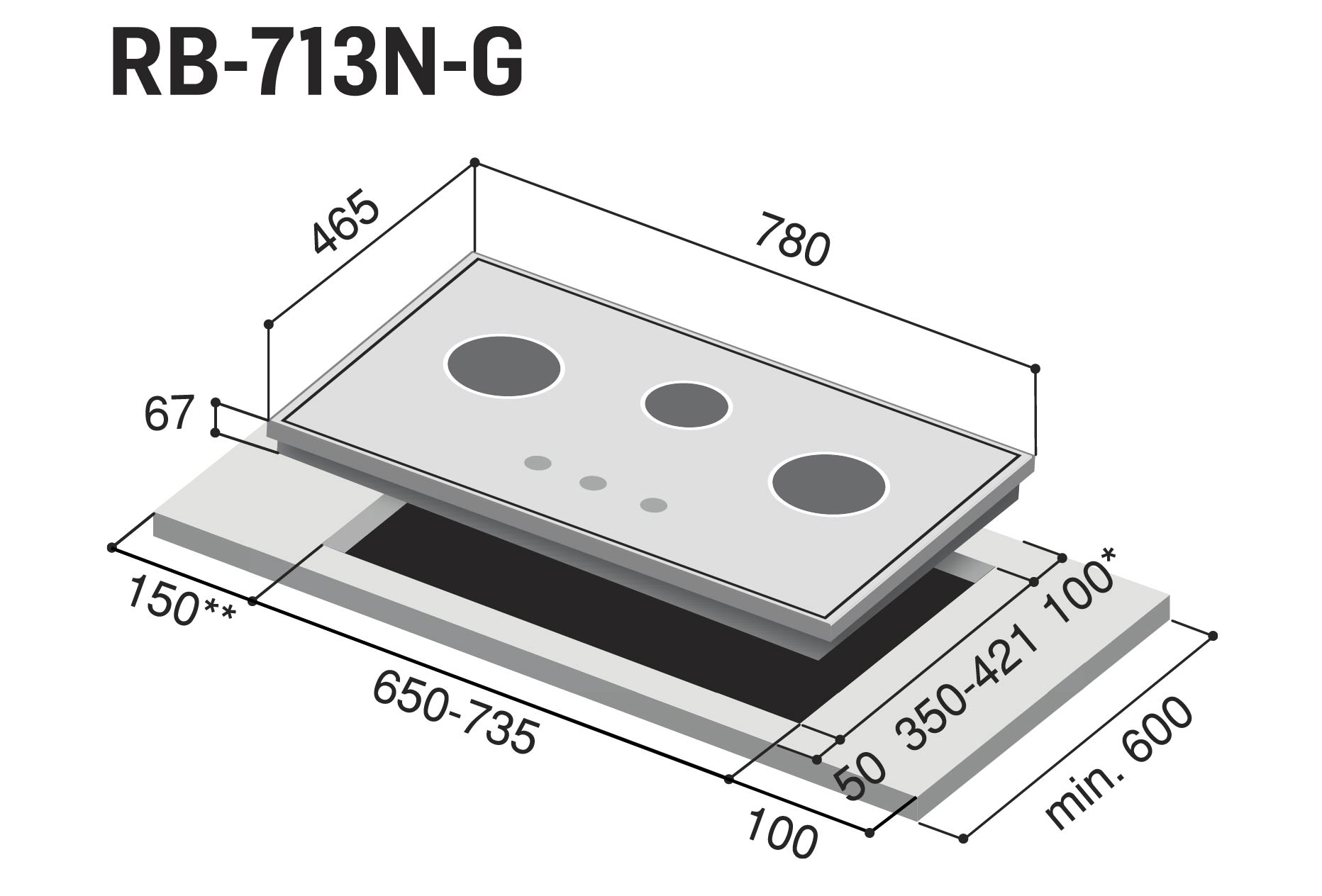 RB-713N-G | 3-Burner Built-in Gas Hob | Rinnai Malaysia