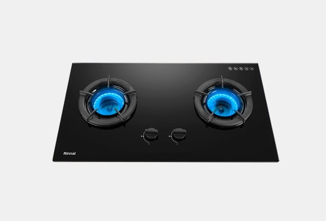 Black glass gas stove with two blue-flame burners and two central control knobs (Rinnai branding on lower-left).