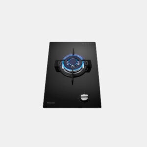 Black glass gas cooktop with a single burner lit by blue flame and a control knob nearby