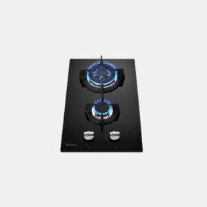 Black glass gas cooktop with two lit burners and two control knobs at the bottom.