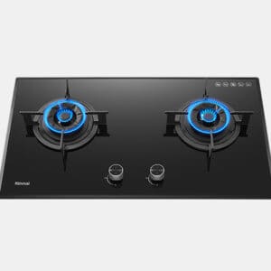 Black glass gas cooktop with two lit burners showing blue flame rings and two control knobs (Rinnai brand)./Two-burner gas stove on a glossy black surface with blue flames and chrome knobs.