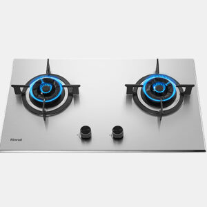 Stainless steel gas cooktop with two burners, each lit with blue flames, and two central control knobs (Rinnai logo visible). Administrative use only.