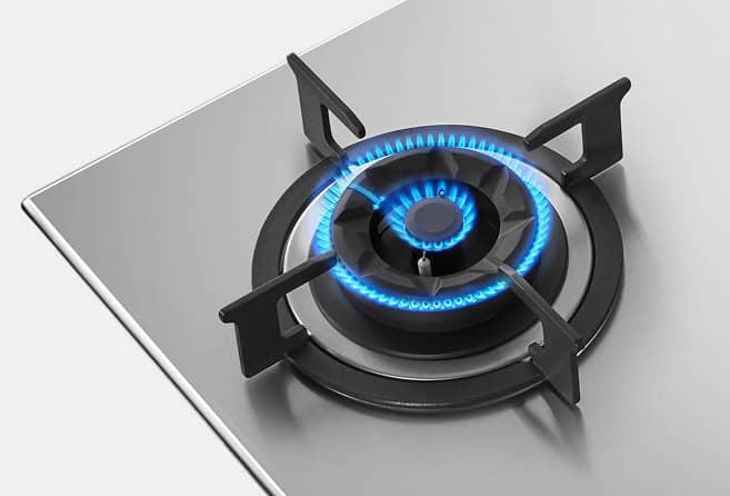 Stainless steel three-burner gas cooktop with blue-flame burners and three control knobs on the front.