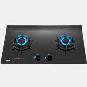 Two-burner gas hob with blue flames on a black glass surface and central control knobs.