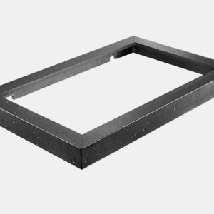 Black metal rectangular frame with a hollow center on a light background, showing four corner joints.