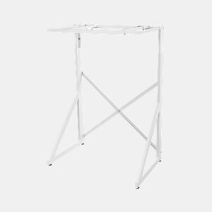 White foldable metal clothes drying rack with cross-brace supports on a light background