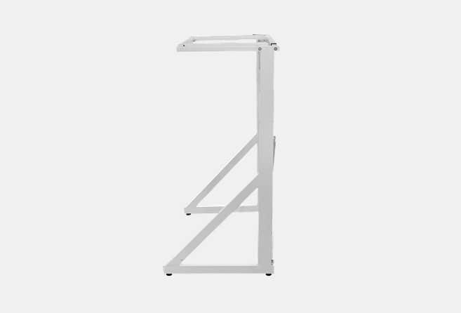 Silver metal table base with vertical post, angled diagonal braces, and a top mounting rail; a sturdy frame to support a tabletop.