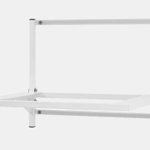 White metal bed frame without a mattress, showing a rectangular headboard rail, side rails, and four legs.