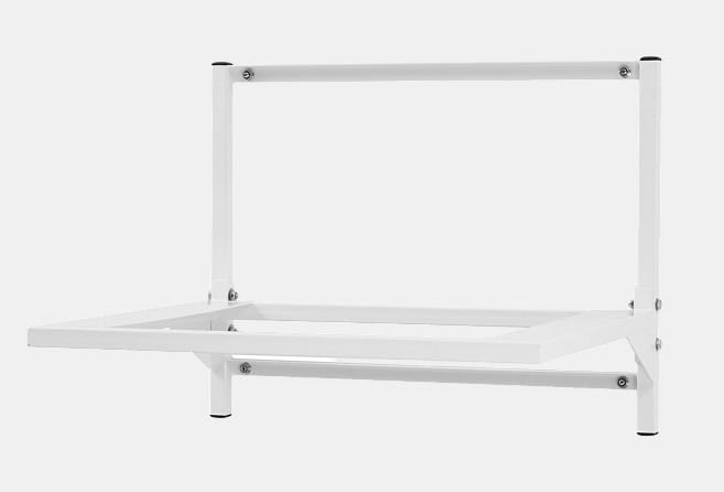 White metal bed frame without a mattress, showing a rectangular headboard rail, side rails, and four legs.