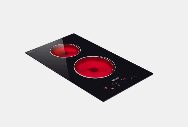 Black glass-ceramic induction cooktop with two red-glowing burners and touch controls.