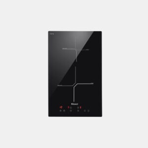 Sleek black glass induction cooktop with touch controls and white outlined burner zones; brand name 'Rinnai' at the bottom.