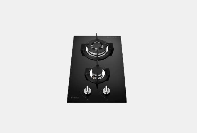 Black glass two-burner gas cooktop with chrome burner heads and two front-facing control knobs.