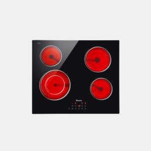 Electric ceramic cooktop with four red glowing burners on a black glass surface and a touch control panel below.