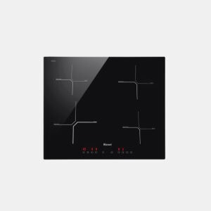 Induction cooktop with four cooking zones on a black glass surface and red digital controls at the front panel.