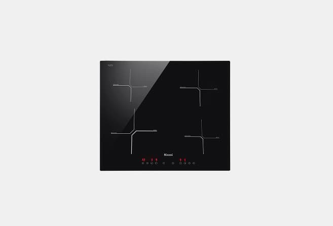 Induction cooktop with four cooking zones on a black glass surface and red digital controls at the front panel.