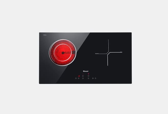 Black glass ceramic cooktop with a glowing red circular left burner and touch controls along the front edge.