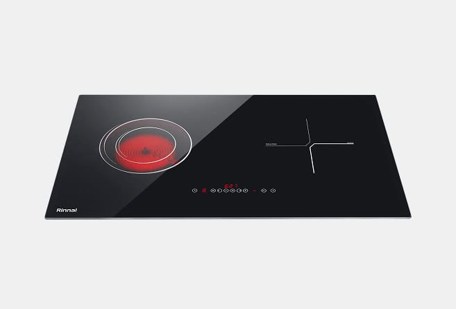 Black glass induction cooktop with a red circular burner on the left and a linear burner on the right; Rinnai logo in the bottom-left corner.
