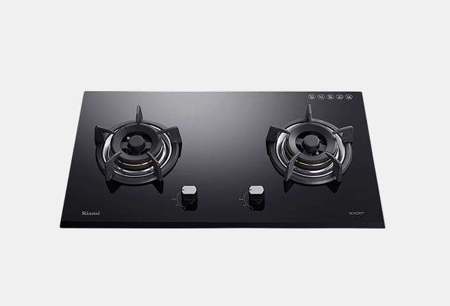 Rinnai two-burner gas cooktop on a sleek black glass surface with front control knobs and metal burner rings.