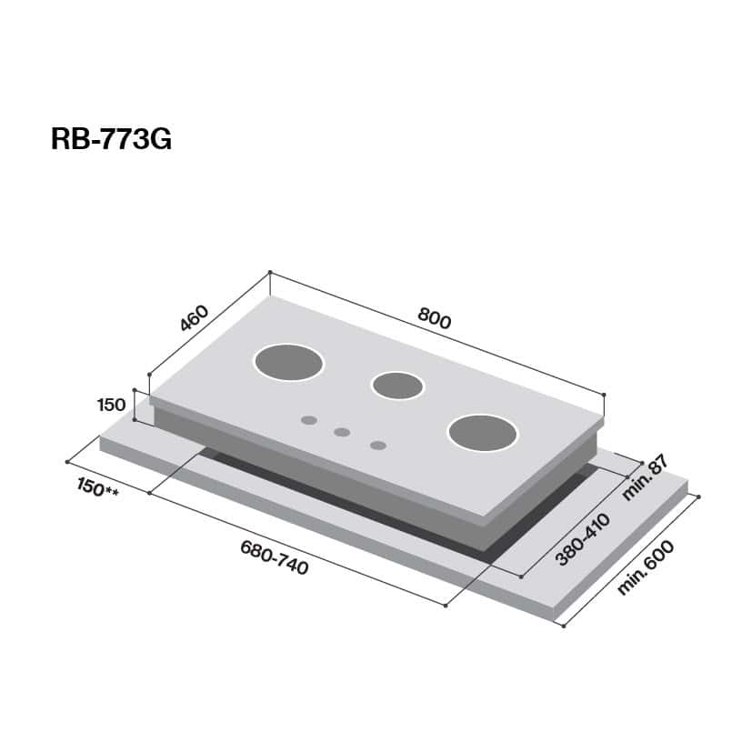 Isometric diagram of a four-burner electric cooktop with dimensions, labeled RB-773G (built-in hob).