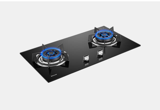 Black glass gas cooktop with two lit burners and blue flames, modern kitchen appliance with central control knobs on a sleek surface.