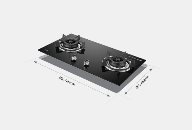 Two-burner gas cooktop with a black glass surface and metal trivets, shown with measurement arrows: width about 650–730 mm and depth about 350–410 mm (built-in kitchen appliance).