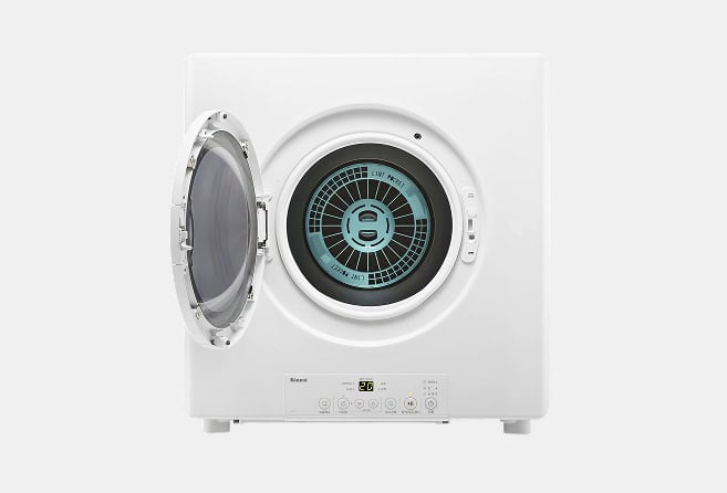 White front-loading washing machine with a round door and digital control panel at the bottom edge.