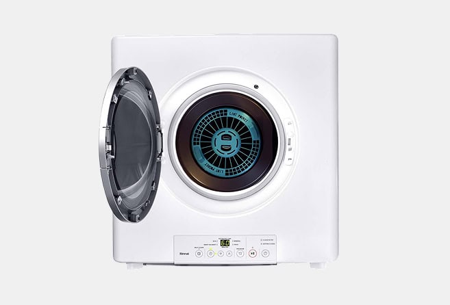 Front-facing white front-loading washing machine with a circular door and digital control panel below the door