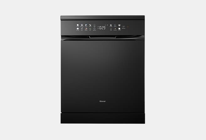 Black front-loading dishwasher with a slim top control panel and the Rinnai logo on the door.