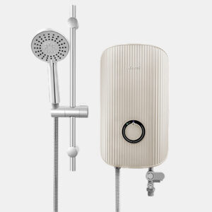 Beige wall-mounted electric water heater with a circular control dial beside a chrome handheld shower and flexible hose system