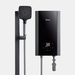 Wall-mounted Rinnai tankless water heater with a digital display and a connected handheld shower head beside it.
