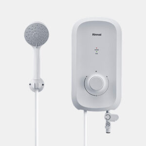 White wall-mounted Rinnai electric shower unit with round control dial and attached handheld shower head on hose.
