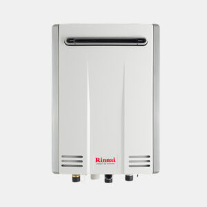 Rinnai wall-mounted tankless gas water heater with top vent and bottom control valves and connectors (compact appliance).
