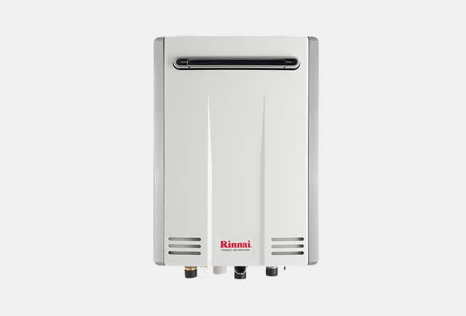 Rinnai wall-mounted tankless gas water heater with top vent and bottom control valves and connectors (compact appliance).