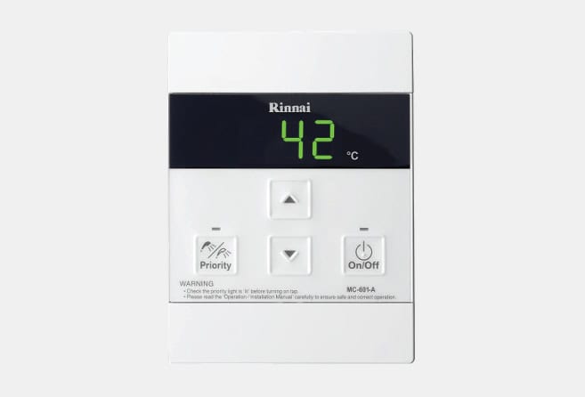 Rinnai wall-mounted tankless gas water heater with top vent and bottom control valves and connectors (compact appliance).