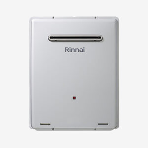 Wall-mounted silver Rinnai water heater with a horizontal vent slot near the top and a small red status indicator below.