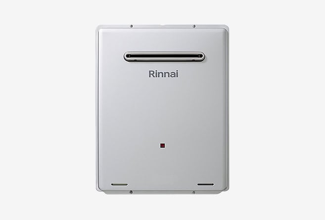 Wall-mounted silver Rinnai water heater with a horizontal vent slot near the top and a small red status indicator below.