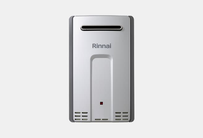 Rinnai wall-mounted gas water heater with top vent and sleek silver finish.