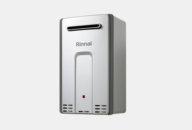 Rinnai wall-mounted gas water heater with top vent and sleek silver finish.