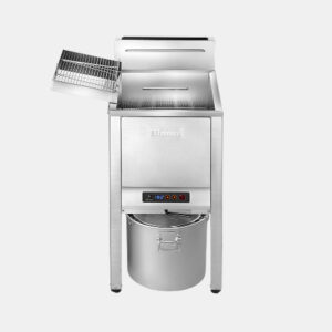 Stainless steel outdoor grill with the lid open, side warming rack, and a detachable grease bucket below the main body.