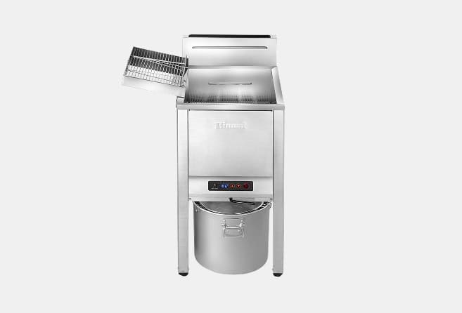 Stainless steel outdoor grill with the lid open, side warming rack, and a detachable grease bucket below the main body.