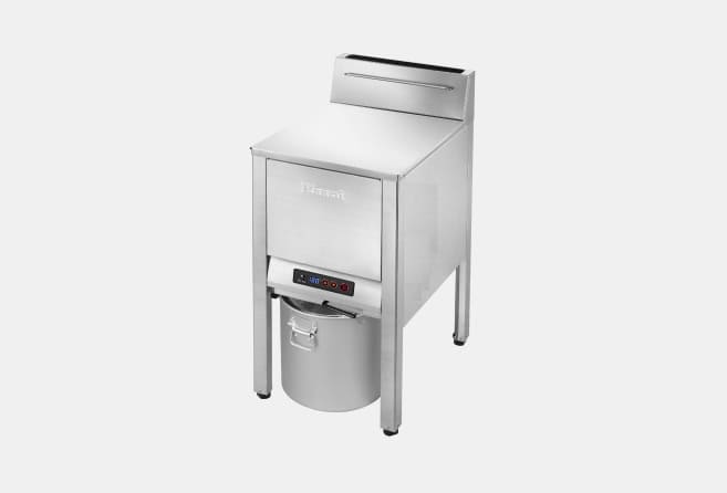Stainless steel outdoor grill with the lid open, side warming rack, and a detachable grease bucket below the main body.