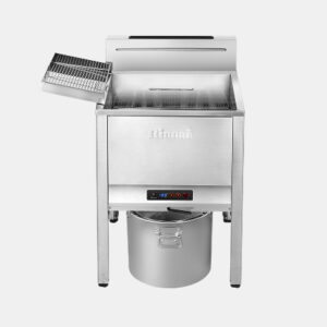 Stainless steel outdoor barbecue grill with a side-mounted warming rack and a large bucket beneath the frame for collection.