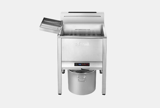 Stainless steel outdoor barbecue grill with a side-mounted warming rack and a large bucket beneath the frame for collection.