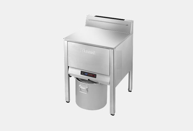 Stainless steel outdoor barbecue grill with a side-mounted warming rack and a large bucket beneath the frame for collection.