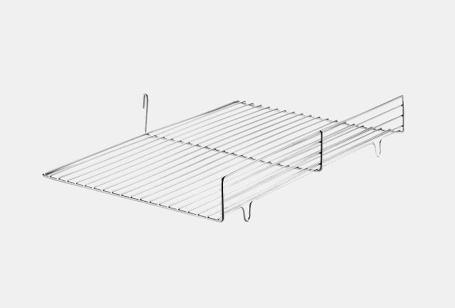 Two-tier chrome wire oven rack with side rails and front guards for holding two baking trays