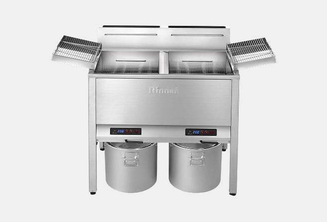 Commercial stainless steel double deep fryer with two baskets, digital controls, and two oil reservoirs