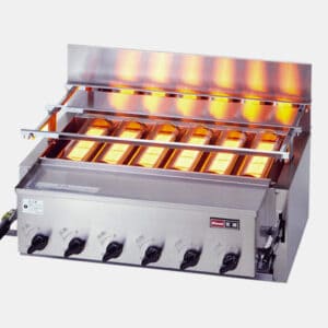 Commercial six-basket gas deep fryer in stainless steel with control knobs along the front, heating tubes glowing orange.