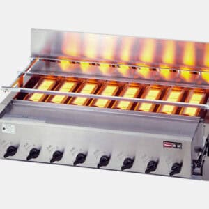 Commercial stainless steel gas broiler with six control knobs and glowing flame bars for high-heat grilling in a restaurant kitchen.