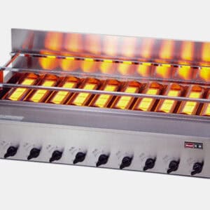 Stainless steel commercial gas grill/broiler with multiple burners and front control knobs.