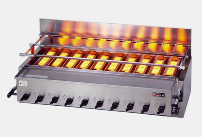 Stainless steel commercial gas grill/broiler with multiple burners and front control knobs.